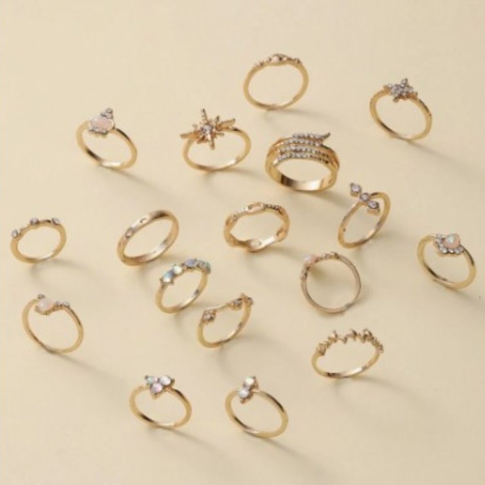 17 Pc Boho Ethnic Gypsy Opal, Crystal, Gold Tone Rings in Various Sizes - NWT - Picture 2 of 14